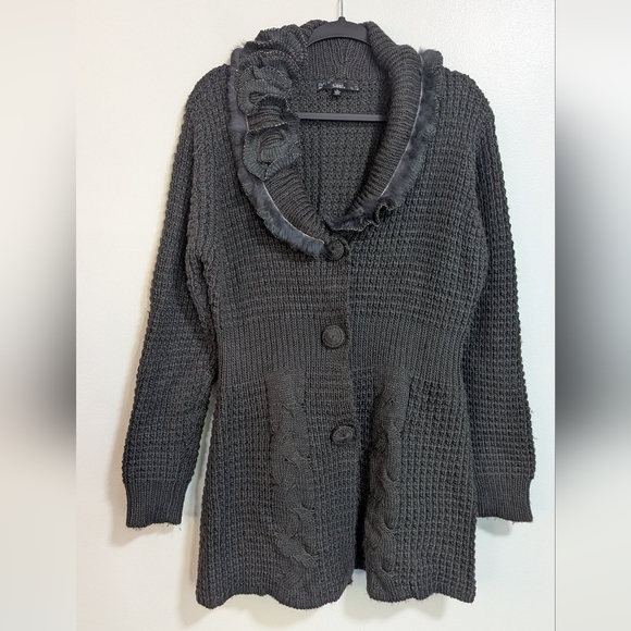 Sioni Gray Wool Blend Rabbit Fur Trim Thick Cable Knit Chunky Cardigan Sweater L - Picture 1 of 10